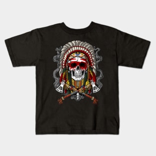 Native American Chief Skull Indian Headdress Kids T-Shirt